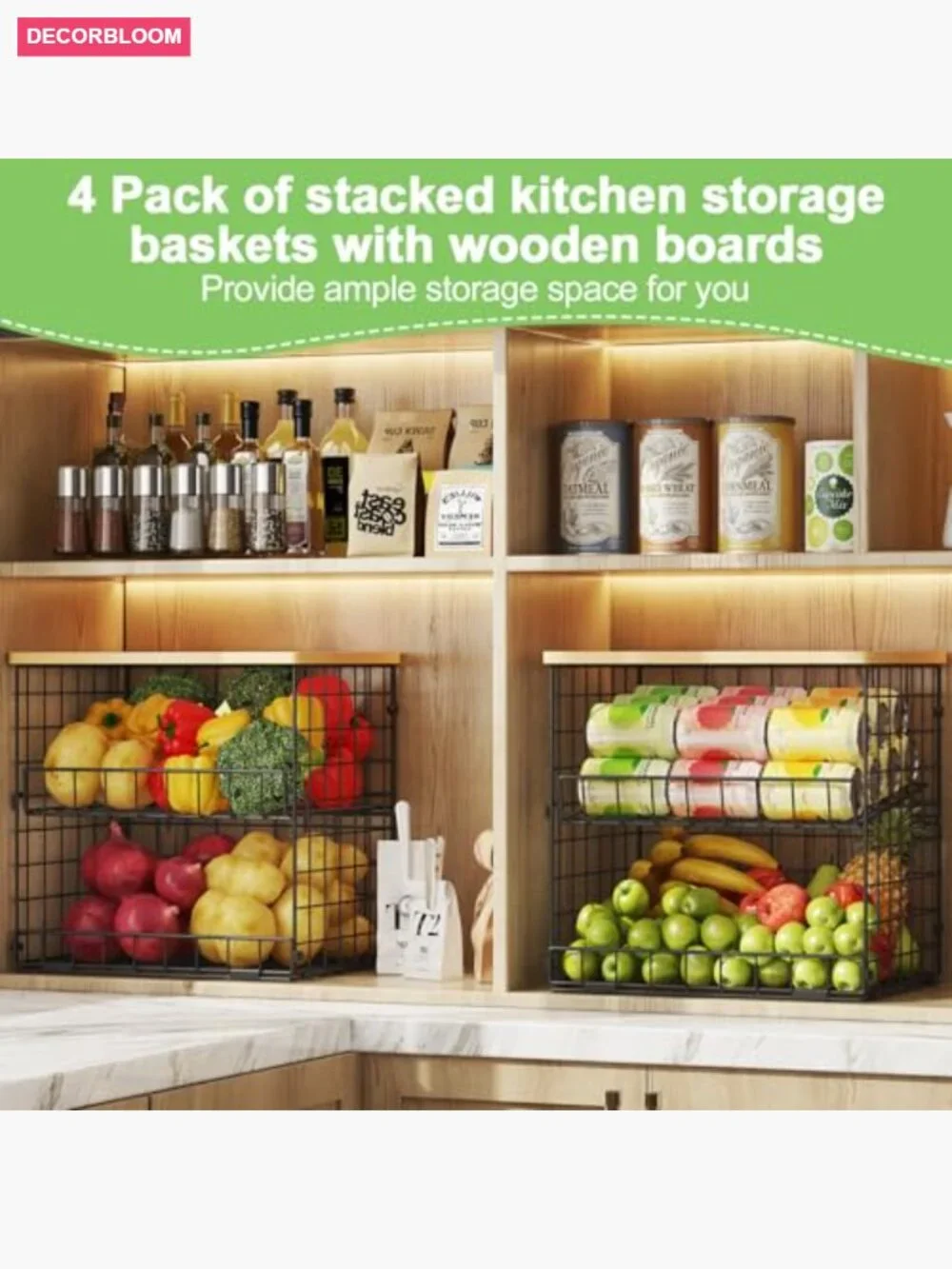 4 Pack Stackable Wire Baskets with Wooden Top for Kitchen Storage